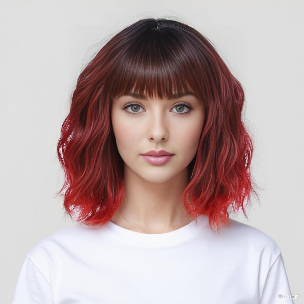 BUYOGET Wavy Bob Wig with Bangs Synthetic Hair Shoulder Length 12 Inch Short Curly Wigs for Women Burgundy to Vivid Red
