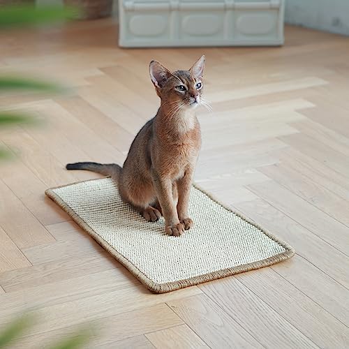 Image of FUKUMARU Cat Scratching Mat | 19.6 x 11.8 Inch Natural Sisal Cat Scratch Pad Mats for Indoor Cats | Horizontal Cats Wall Scratcher Kitten Floor Rug with Sticky Tape | Furniture Protector