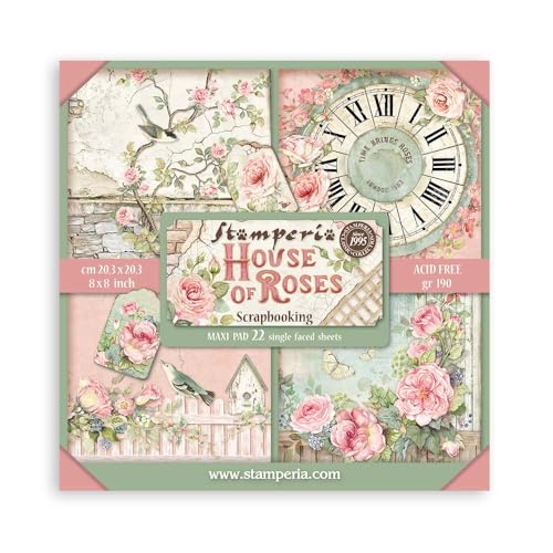 Stamperia - Scrapbook Paper Pad for Scrapbooking, Albums, Card Making, Bullet Journalling and More, Acid Free, Single Face, Perfect for Hobbies, Crafts, and Gifting (House of Roses) (20.3 x 20.3cm)
