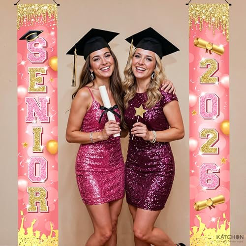 Image of Katchon, Pink Graduation Door Banner 2026-120x20 Inch | Senior 2026 Door Banner for Pink Graduation Decorations 2026 | Front Door Decorations Hanging | Senior Graduation Banner Class Of 2026
