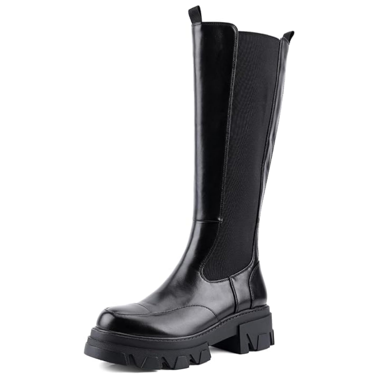 Womens Knee High Boots Platform Lug Sole Tall Riding Boots with Stretch Calf Chunky Heel Round Toe Pull-On