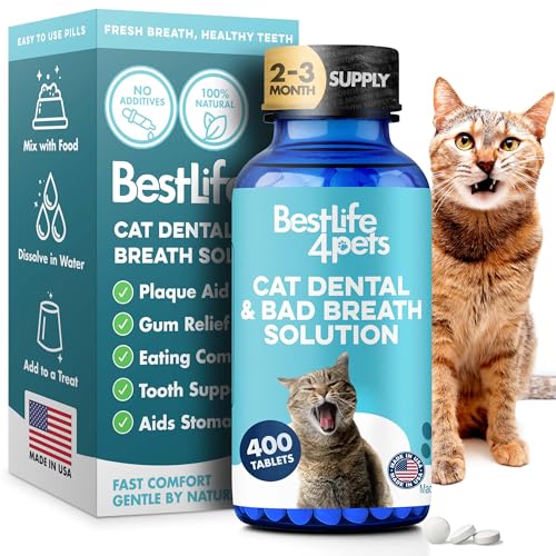 Cat Dental Care Supplement for Bad Breath, Tartar & Gum Support - Natural Cat Teeth Cleaning Oral Tablets Provide Eating & Gum Comfort, Teeth Wellness and Plaque Control, Tiny Dissolvable 400 Pills