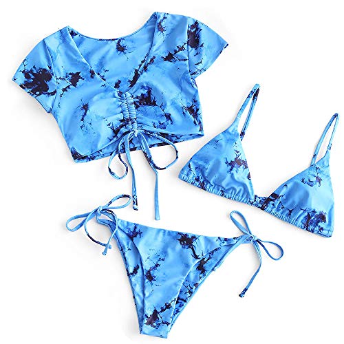 ZAFUL Women's Tie Dye Cinched String Triangle Bikini Set Three Piece Swimsuit (F-3-Piece Blue, M)
