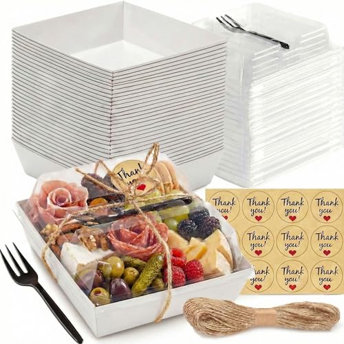 Leafiew 50 Pack Small Charcuterie Boxes with Clear Lids and Forks - To Go Paper Mini Charcuterie Box, Disposable Food Containers, 5Inch Dessert Boxes for Cookie, Cake Slice, Strawberries (White)