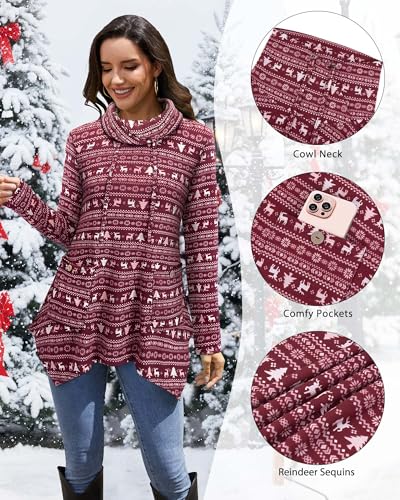Image of Bulotus Womens Sweaters 2025 Winter Cowl Neck Long Asymmetrical Tunic Sweaters for Leggings Holiday Vacation Tops
