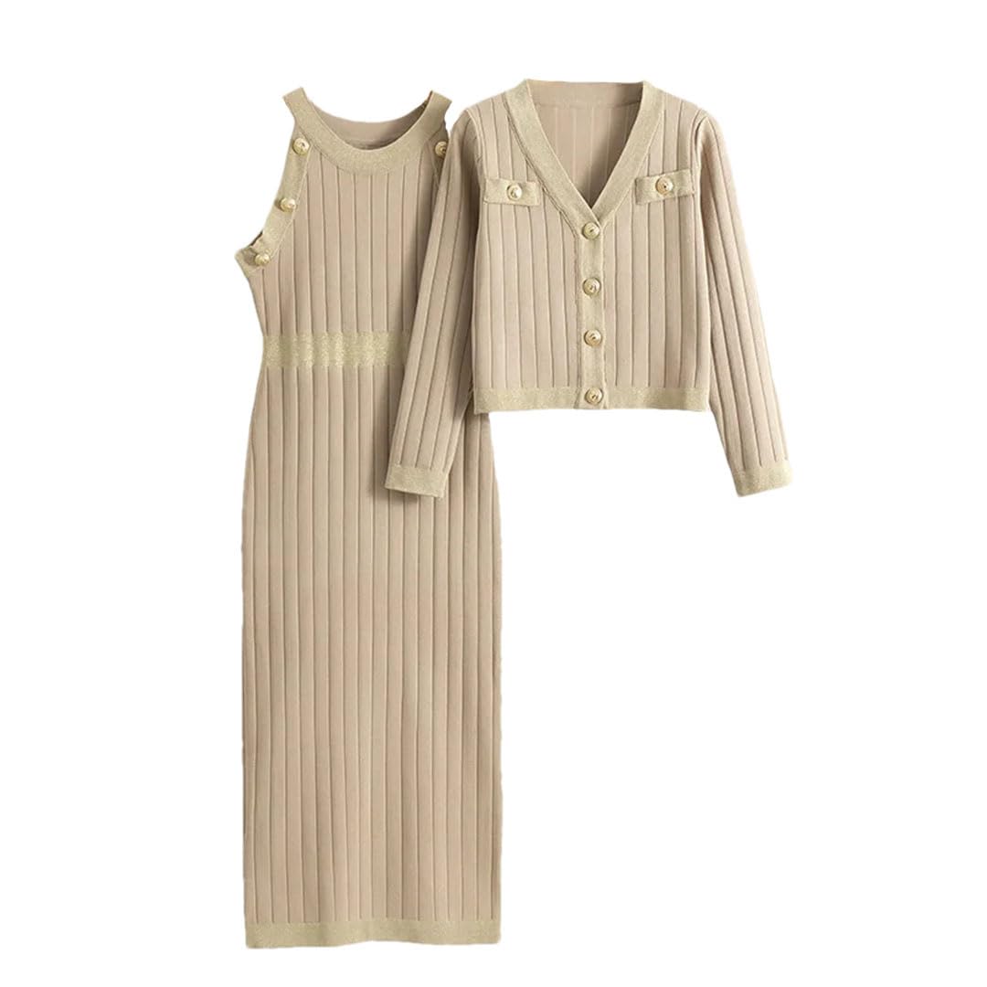Vestiti aderenti da donna in maglia, set da 2 pezzi, con scollo a V, maglione corto, cardigan conjunto chic sexy canotta slim maxi abiti