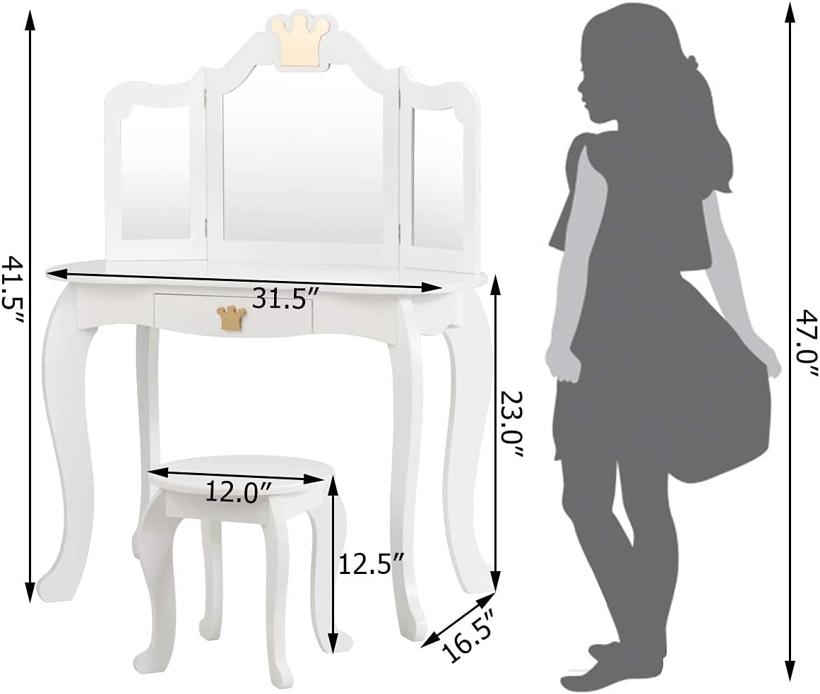 KOTEK Kids Vanity Set w/Tri-Folding Mirror, Princess Makeup Dressing Table w/Detachable Top & Drawer, 2-in-1 Vanity Table and Chair Set, Crown Pretend Beauty Play Vanity for Girls (White)