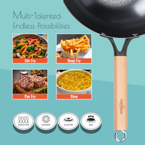 Flat Bottom Carbon Steel Wok, 12.6 inch, Un-coated & Pre-Seasoned, Premium Frying Wok for Electric, Induction, Gas Cooktops, Free Shopping Bag