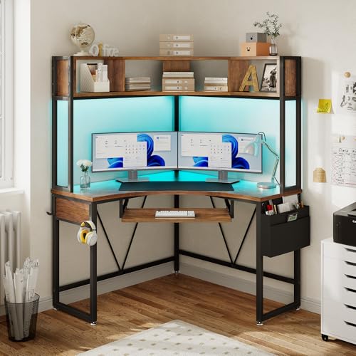 SEDETA Corner Desk, Small Computer Desk with Hutch & LED Lights, Triangle Corner Computer Desk with Keyboard Tray, Storage Bag, and Headphone Hook for Small Space, Home Office Desk, Rustic Brown