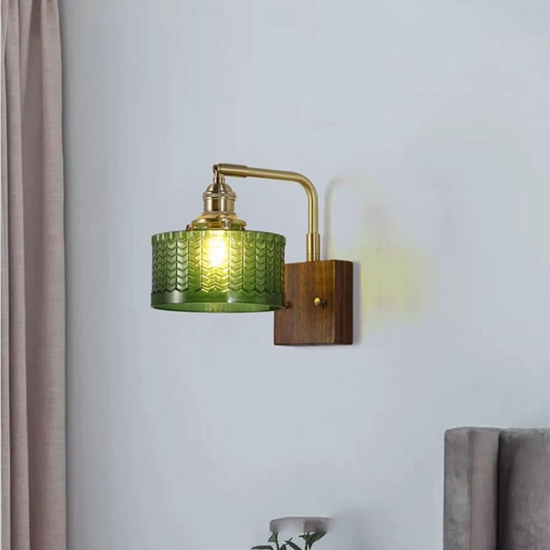 Applique da parete moderna per interni con paralume in vetro e base in legno massello, stile retrò, lampade industriali per camera da letto, comodino, soggiorno, veranda, sala da pranzo (verde)
