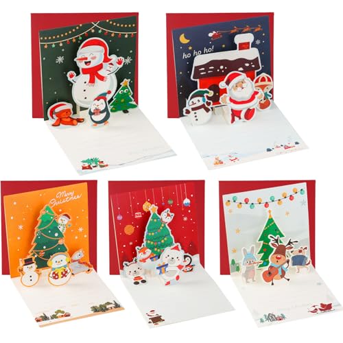 volumoon 5 Pack 3D Pop Up Christmas Cards with Envelopes, Merry Christmas Cards, Christmas Greeting Cards Gift Cards
