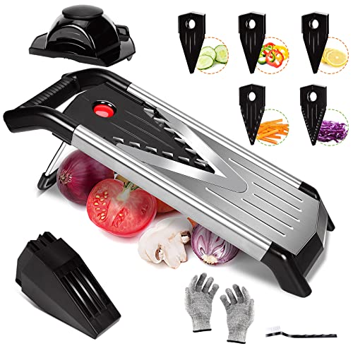 Eukue Gemüsehobel 5-in-1, Mandoline Gemüseschneider Edelstahl, V-hobel mit Kurbel und 5 Edelstahl Wechselklingen, Manueller Trommelreibe...