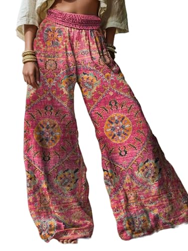 Women's Boho Linen Pants Floral Printed Wide Leg Elastic Waist Flowy Beach Palazzo Pants Trousers