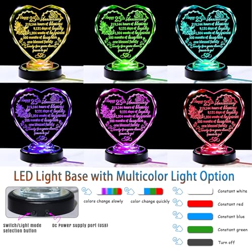 Arikyrist Happy 25th Wedding Anniversary Love Gifts for Her 25th Heart Anniversary Glass Keepsake Collectible with LED Base 25 Years Anniversary Presents for Women Wife Couples - Image 2