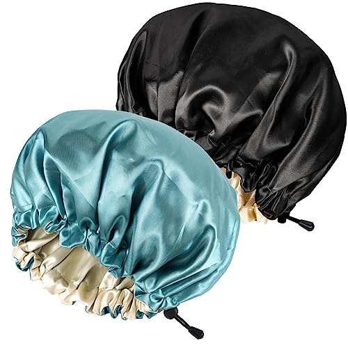2PCS Satin Sleep Cap Adjustable Double-Sided Sleep Bonnet Bonnet Cap for Sleep (1 BLACK+ 1 Green)