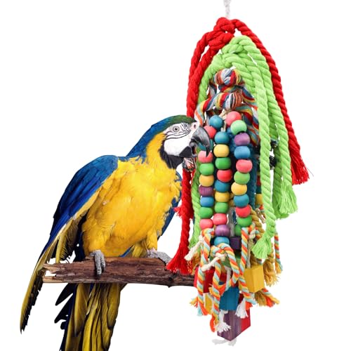 Large-Bird-Chewing-Toys-217--51-inch-Parrot-Shredding-Wooden-Block-and-Cotton-Rope-Toys-Cage-Accessories-for-Small-to-Large-Birds-Cockatiel-Parakeets-Lovebirds-Conure-Macaw-African-Grey-Amazon Large Bird Chewing Toys, 21.7 × 5.1 inch Parrot Shredding Wooden Block and Cotton Rope Toys, Cage Accessories for Small to Large Birds Cockatiel Parakeets Lovebirds Conure Macaw African Grey Amazon - Image 1