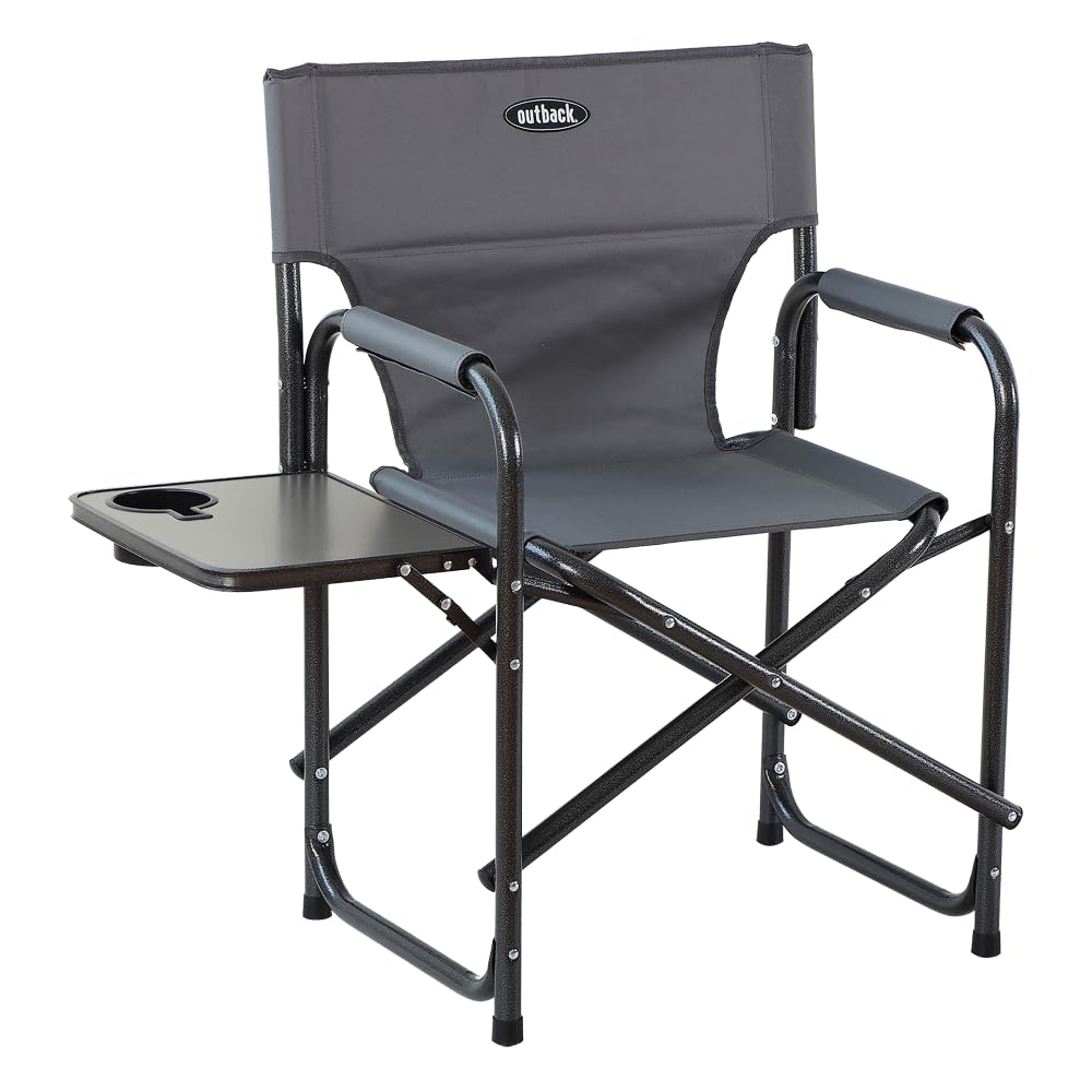 Outback Sedia da regista pieghevole con tavolino e portabicchieri, sedia da campeggio portatile, struttura in acciaio resistente, tessuto impermeabile 600D, supporta 102 kg, grigio antracite