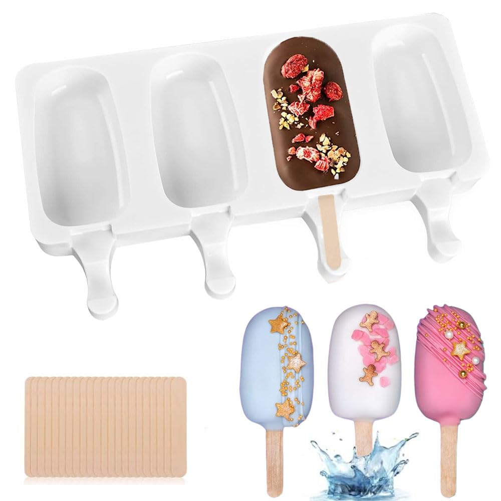 GoodernSilicone Ice Cream Molds,Reusable 4 Cavities DIY Ice Pop Moulds Homemade Oval Ice Cream Cake Mold with 20 Wooden Sticks Soft Food Grade Silicone Moulds for Popsicle Chocolate Cake Baking