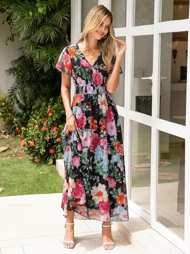 Image of Simplee Womens Floral Maxi Dress - Short Sleeve Summer Boho Wedding Guest Dress Empire Waist Chiffon Modest Midi Dresses