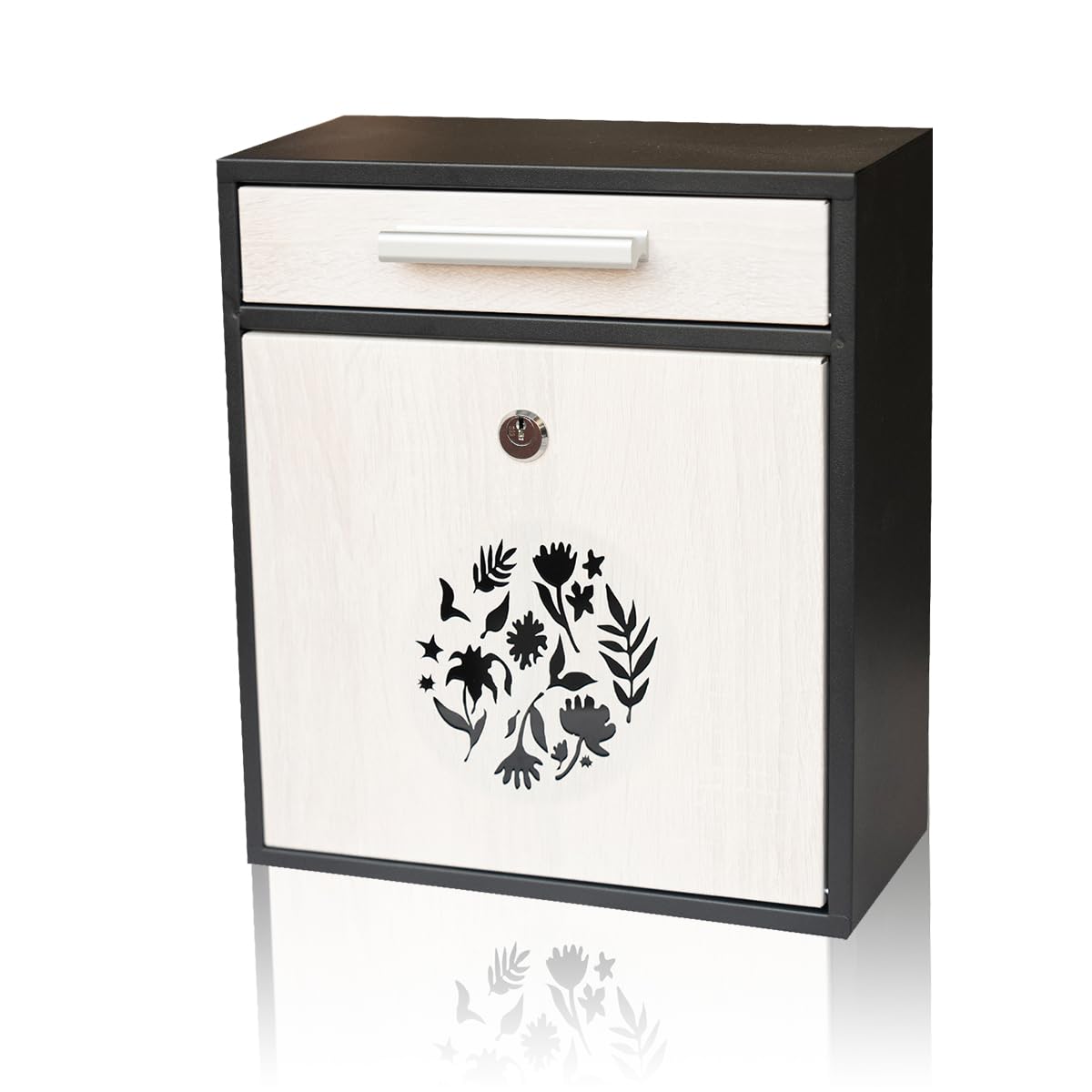 Photo 1 of Ydocabinit Wall Mount Mailbox, Large Capacity Mailbox for House Outside Galvanized Steel Rust-Proof Metal Post Drop Box, 12"×10.5"×4.7" Flower Hollowed Wooden Patterned Metal Sheet White