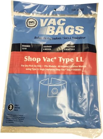 DVC Vacuum Bags for Shop Vac 4 Gallon Replaces Type LL and #90660 3 Bags