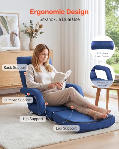 Image of VEVOR Floor Chair, 5 Adjustable Positions Folding Floor Gaming Chair with Back Support, Armrests, and Cushion, Sturdy Metal Frame with Recycled Foam and Linen Fabric, for Reading, Relaxing, Dark Blue