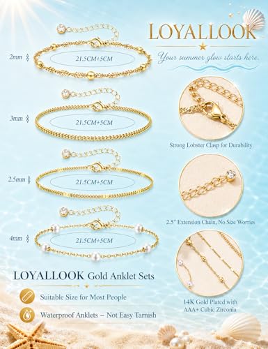 Image of LOYALLOOK Ankle Bracelets for Women Waterproof, 14K Gold Plated Cuban Figaro Link Chain Beaded Anklets Set, Dainty Layered Anklets for Women Non Tarnish Summer Beach Foot Jewelry Adjustable Size