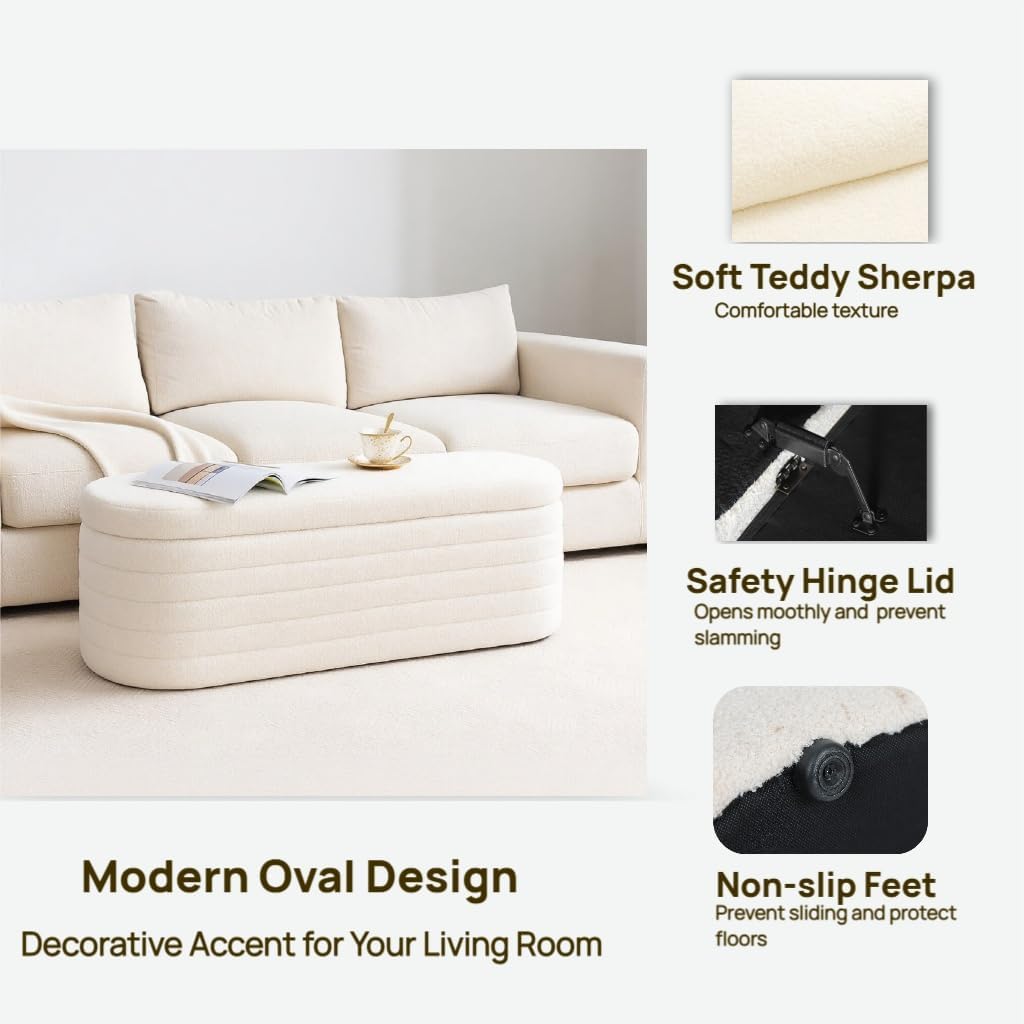 Teddy Sherpa Storage Ottoman Bench, Modern Upholstered Window Bench with Safety Hinge Lid, Oval White Ottoman for Living Room, Bedroom End of Bed