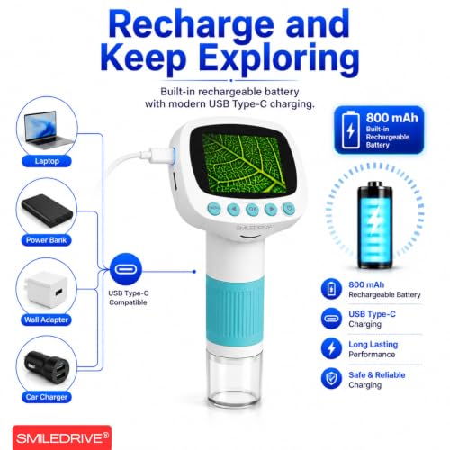 Image of SMILEDRIVE 1000X Digital Microscope for Kids | 8 Adjustable LED Lights | Portable Handheld Pocket Microscope with 2.0 inch IPS Screen| Rechargeable with Lanyard | For Coins, Plants, PCB & Learning