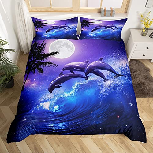 Dolphin Duvet Cover Set,Kids Ocean Waves Bedding Set Queen Size,Moonlight at Night Comforter Cover for Teen Boys Girls Adult,Starry Sky Stars Quilt Cover with 2 Pillow Cases(No Comforter)