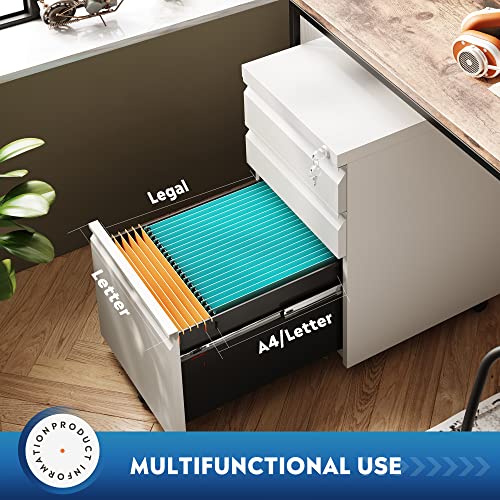 Image of DEVAISE 3 Drawer Mobile File Cabinet with Lock, Under Desk Metal Filing Cabinet for Home Office /Legal /Letter /A4 File, Fully Assembled Except Wheels, White