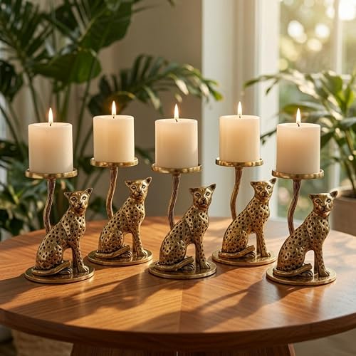 Image of BEHOMA Handcrafted Aluminium Jaguar Pillar Candle Holder, Gold - Pack of 5 | Tabletop Home Decor Showpiece House Warming for Men | Wedding & Anniversary Decorative | Gold (Candle Not Included)