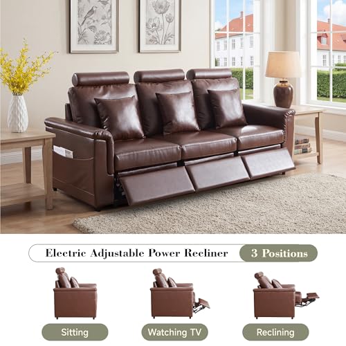 Image of RARZOE Manual 3-Seater Recliner Sofa, Faux Leather 3 Seat Reclining Couches with Headrest, Modern Comfy Recliner Sofa Set with 3 Recliner Chairs for Living Room Home Theater, Brown