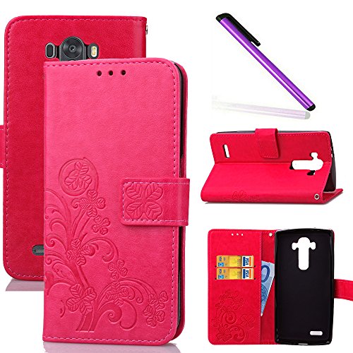 COTDINFOR LG G4 Funda trébol Cierre Magnético Billetera con Tapa para Tarjetas de Cárcasa Elegante Retro Suave PU Cuero Caso Protectora Case para LG G4 Clover Red SD