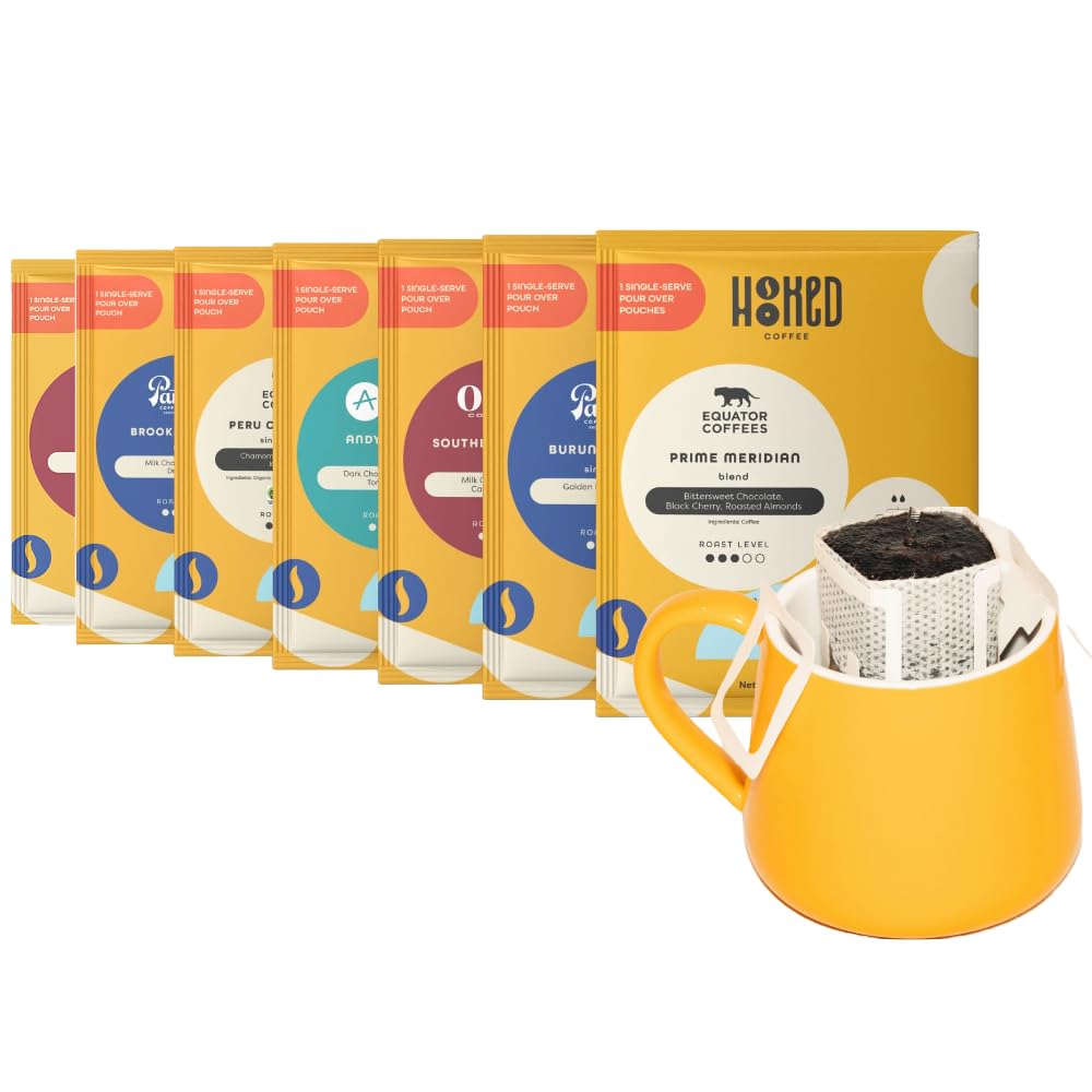 Hooked Coffee Premium Portable Pour Over Drip Coffee Singles, Variety Coffee Sampler, 100% Specialty Arabica Coffee, Single Serve Drip Bags - 7 Pack - Light, Medium & Med-dark Roasts