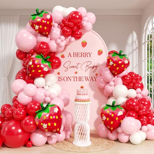 120pcs Strawberry Balloon Arch Kit with Red Pink Sand White Foil Strawberry Balloons for Baby Shower Birthday Party Decorations