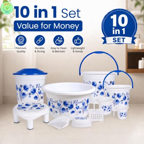 Image of Heavy Duty Virgin Plastic Large Capacity 16 L Bucket, 5 L Bucket, Patla, Deep Tub, Dustbin, 1.5 L Mug, 1 L Mug, Soap Case, Dustpan, Tooth Brush Stand Bathroom Set (White Blue, Queen)