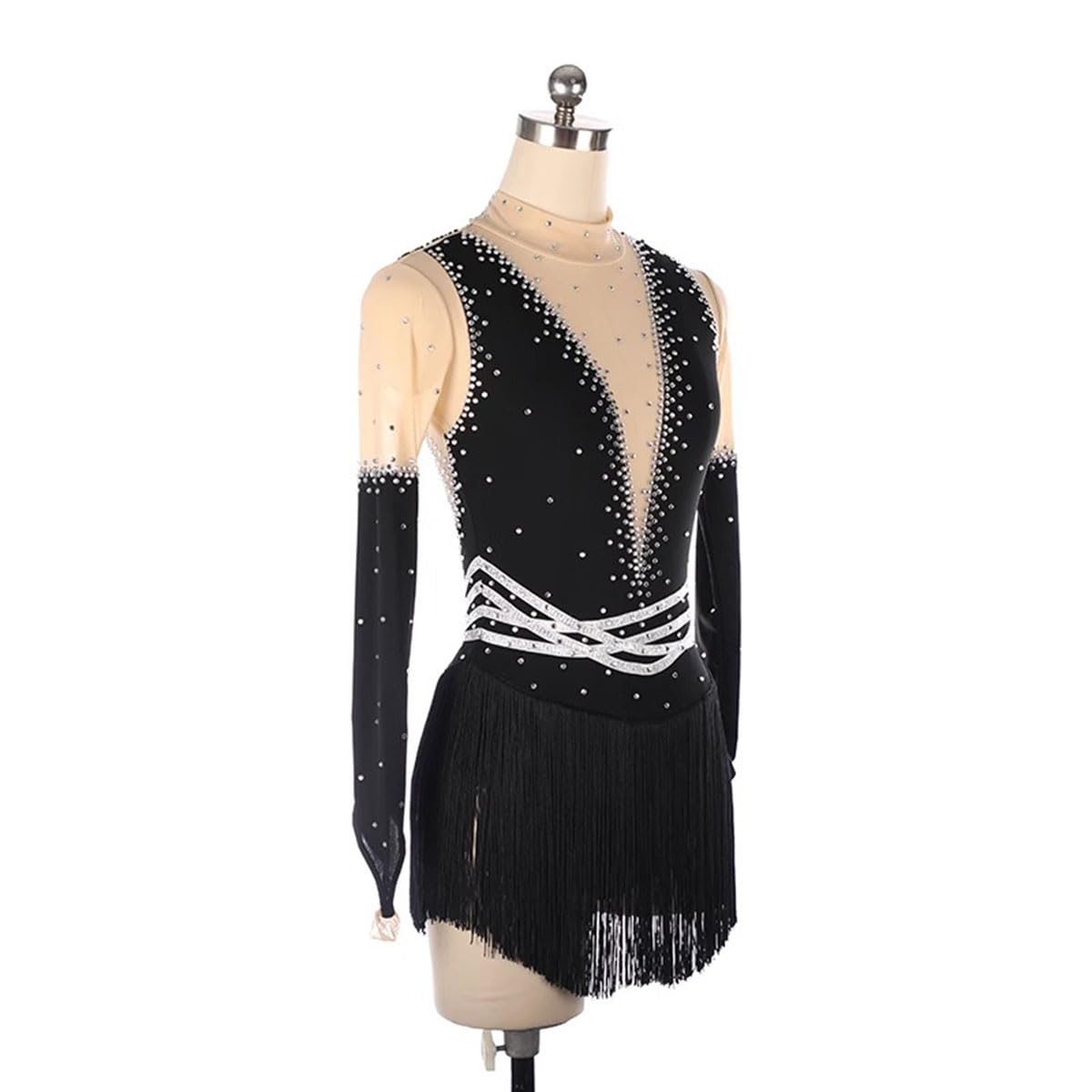 Vestido de Danza Patinaje Hielo para Mujer de Las Mujeres Manga Larga Cuello Alto Pedrería Borla Gimnasia Rítmica Maillot de Patinaje Competición Traje de Baile