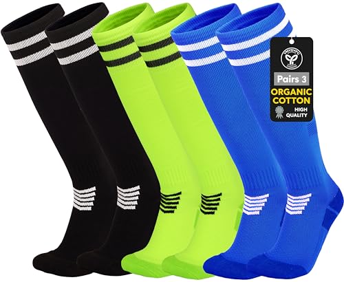Best Soccer Socks for Youth: Ultimate Guide 13 YMYDYFC Kids Soccer Socks Cushion Cotton Comression Socks Baseball Sock For Youth Toddler Boys Girls Men Women Knee High SockBlack/Blue/Fluorescent Green_3pack Small(4-8Years