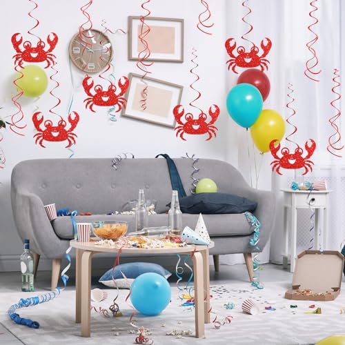 Image of Maicaiffe Crab Birthday Hanging Swirl Decorations - Glitter 12 Pcs Ocean World Sea Animal Party Supplies - Baby Shower Streamers - Cute Crab Party Foil Swirls Ceiling Decorations