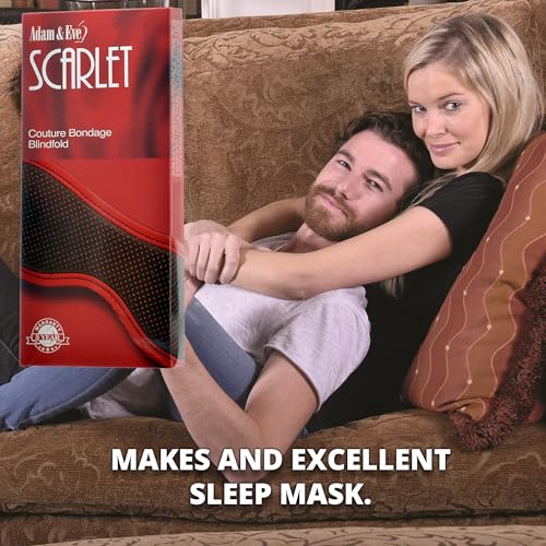 Image of Adam & Eve Scarlet Couture Obey Me Blindfold, Soft Padded Eye Mask with Satin Lining, Dual Elastic Straps for Secure Fit, Vegan Leather with Red Trim, Sensory Deprivation for Bondage and Couples Play
