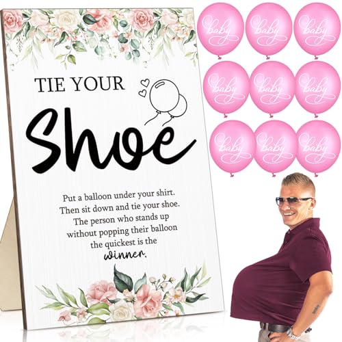 Image of Roowest 51 Pcs Tie Your Shoe Baby Shower Game Sign Wooden Sign Greenery Gift Sets Gender Reveal Party Favors 50 Balloons Latex Balloons for Game Wedding Supplies(Pink,Flowers)