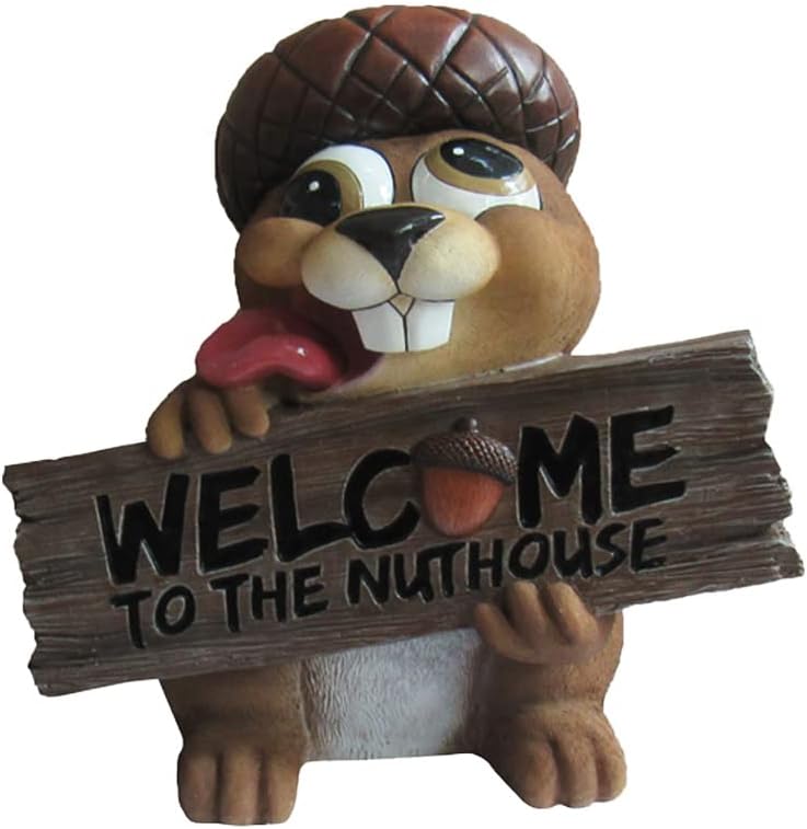 DWK "Welcome to The Nuthouse" Silly Squirrel Indoor Outdoor Statue | Yard Art | Yard Decorations | Home Décor | Front Porch Decorations | Outdoor Fall Décor - 11"