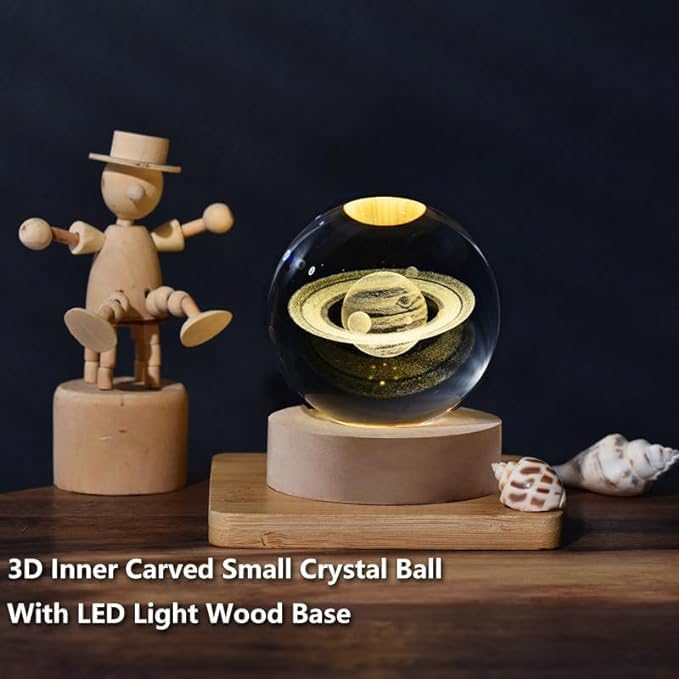 BEHAHAI Crystal Ball Night Lamp, 3D LED Table Light with Wooden Base, USB Powered, Home Office Decor. (Saturn) 4