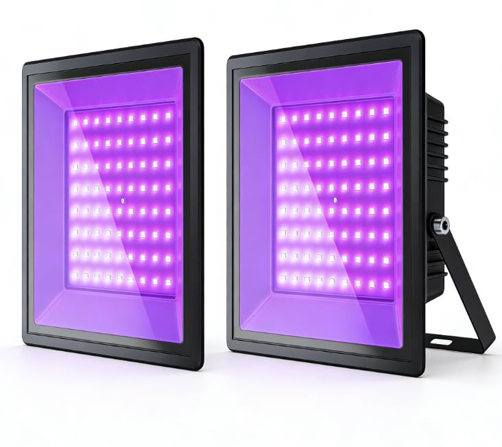 Glostars 100W 2 Pack Proyectores UV : Luz negra profesional 385-400 nm, IP66 estanco. Ideal para ambientes fluorescentes interior/exterior (Halloween, Navidad, eventos).