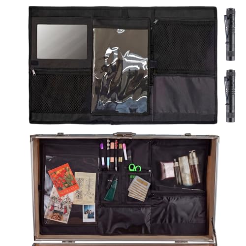 Sanwuta 30 L x 17.5 W Camp Trunk Organizer Trunk Lid Organizer for Summer Camp with 7 Pockets Plastic Mirror and Flashlight for Secure College Dorm Storage Chest