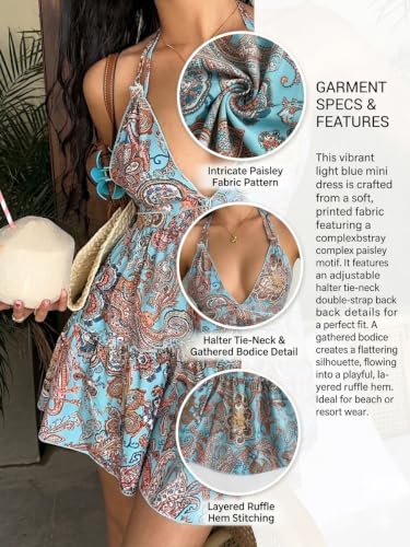 Image of KATECLO Women's Halter Backless Paisley Print Mini Dress - Summer Beach Vacation Sundress, Flowy A-Line Casual Resort Outfit