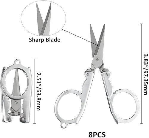 Miniatura 5 de Juego de 8 tijeras plegables pequeñas, tijeras de viaje portátiles, cortador de acero inoxidable, mini tijeras para oficina en casa y viaje