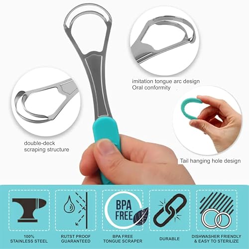Image of 2 pcs spoon shap with silicon handle Tongue Scraper, 100% Useful Surgical Stainless Steel Tongue Cleaner for Both Adults and Kids, Professional Reduce Bad Breath Metal Tongue Scrapers, Help Your Oral Hygiene