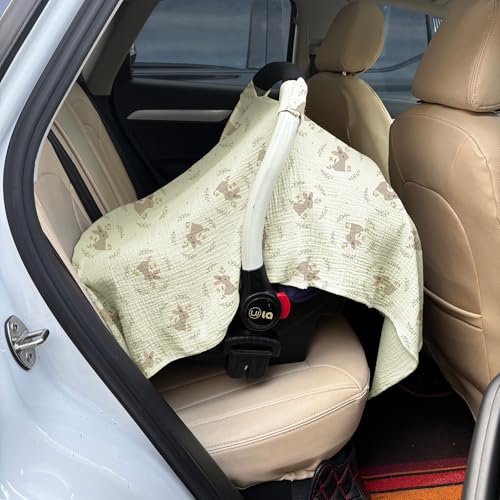 Image of 100% Muslin Cotton Car Seat Cover Baby, Carseat Canopy Cover, Universal Fit Stroller Covers for Boys and Girls (Cute Rabbit)
